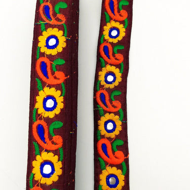 Deep Red Floral Mirrored Trim With Yellow Flowers And Orange Paisley Embroidery, Decorative Trimming, Trim By 3 Yards